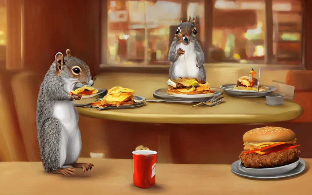 Image similar to a lonely squirrel eating a burger in a diner, digital art, trending on ArtStation