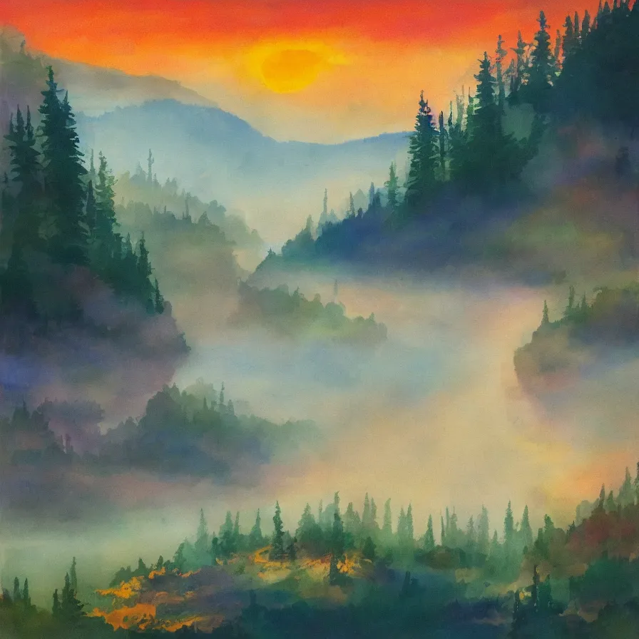Prompt: expressionist artwork of the atmospheric indie album titled :'the road down the coast '. sunrise, forests, rocky mountains, vibrant misty morning