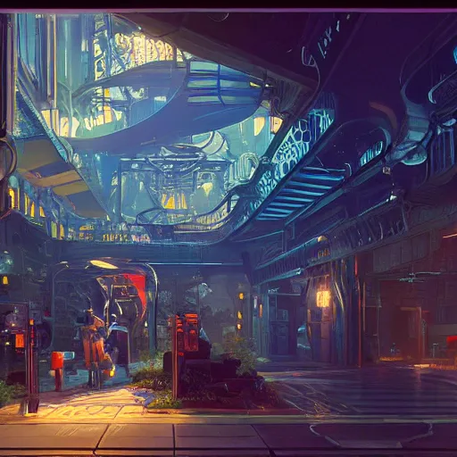 Image similar to painting of syd mead artlilery scifi fish tank with ornate metal work lands on a sidewalk, volumetric lights, simon stalenhag, andreas achenbach