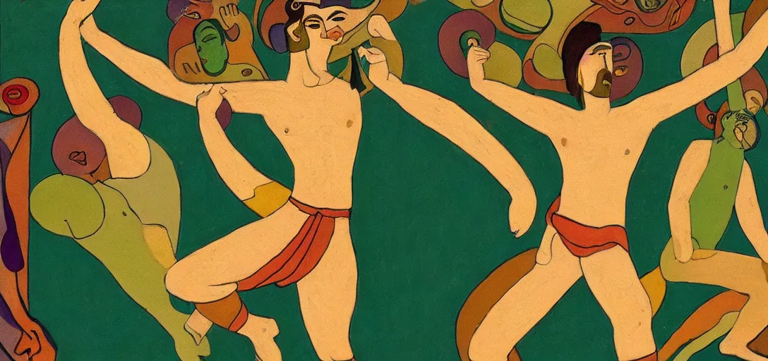 Prompt: an abstract spiritual background, a multiracial greek god dancing, green eyes. sharp lines, high detail. 2 4 mm, photorealistic, muted color scheme, directed by albert gleizes and victor brauner