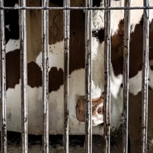 Image similar to dirty bottle of milk and a cow inside a cage, inside slaughterhouse