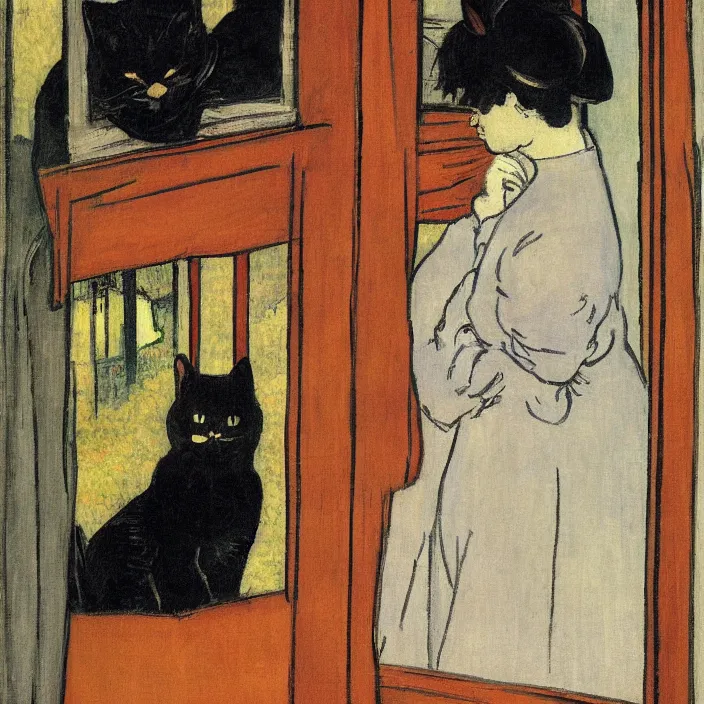 Image similar to couple under a baldachin with city seen from a window frame at night. fuzzy black cat. henri de toulouse - lautrec, utamaro, matisse, felix vallotton, monet