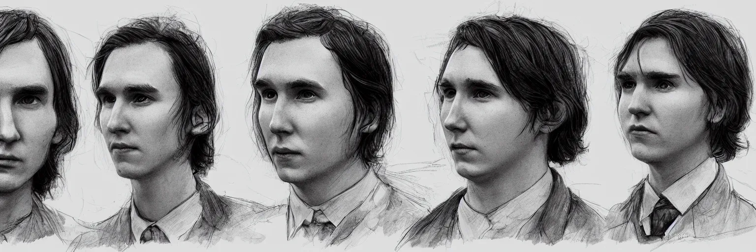 Image similar to character study of paul dano and julian lage, 2 0 2 2, clear faces, emotional, character sheet, fine details, concept design, contrast, kim jung gi, pixar and da vinci, trending on artstation, 8 k, full body and head, turnaround, front view, back view, ultra wide angle