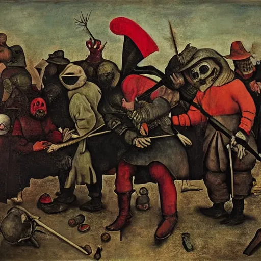 Image similar to color photo of a modern gang of plague doctors in the style of jan saudek, pieter bruegel the elder, joel peter witkin, gustave dore, heironymus bosch