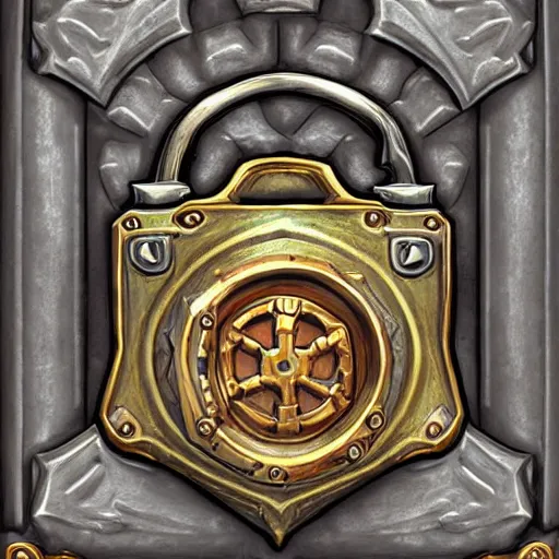 Image similar to a steampunk keyed padlock 🔒 🔑, fantasy digital art, in the style of hearthstone artwork