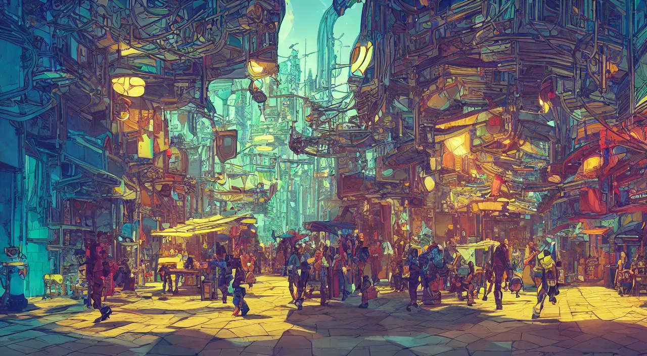 Image similar to bazaar zouk oriantal full color sky shine place mosquet painting stylized digital illustration video game icon global illumination ray tracing that looks like it is from borderlands and by feng zhu and loish and laurie greasley, victo ngai, andreas rocha, john harris