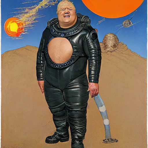 Prompt: upper body portrait of eric scott esch as baron harkonnen from the movie dune wearing a leather spacesuit finding something highly amusing, painted by norman rockwell and tom lovell and frank schoonover