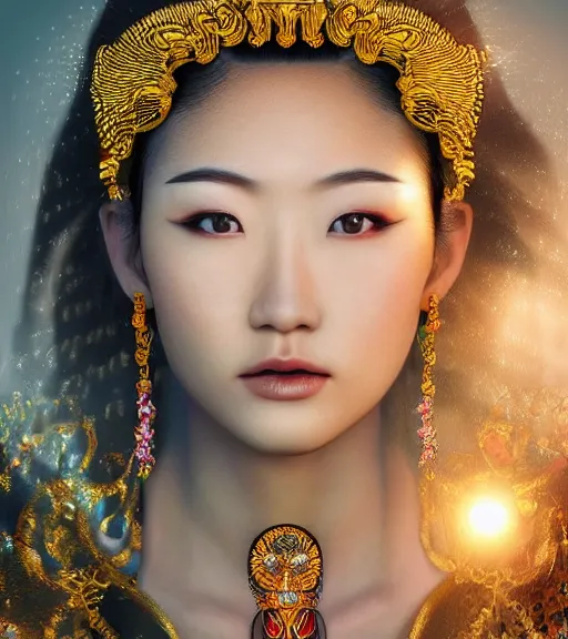 Prompt: hyper realistic portrait photo of beautiful ameterasu the sun goddess of japan, japanese model, portrait shot, intricate detail, glittering sun rays