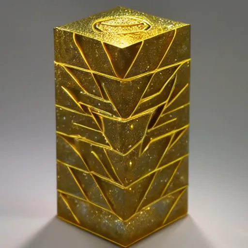 Prompt: impossible golden crystal totem containing the geometric souls of the universe