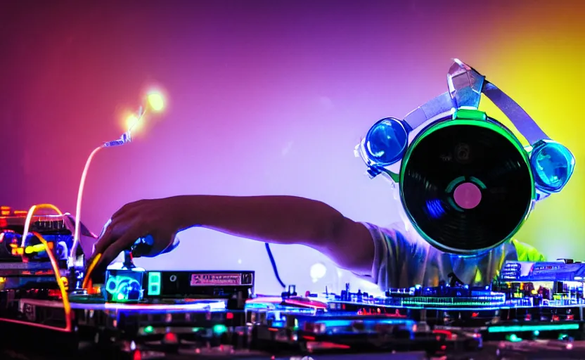 Image similar to a person wearing goggles and visor and headphones using a retro clockwork record player contraption, wires and tubes, turntablism dj scratching, intricate planetary gears, cinematic, imax, sharp focus, leds, bokeh, iridescent, black light, fog machine, hazy, lasers, hyper color digital art