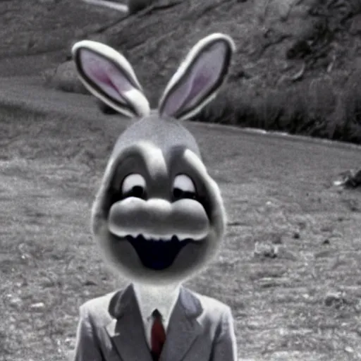 Prompt: Film still photograph of Bugs Bunny (creepy hyper-realistic surreal horror) in Twin Peaks (1990)