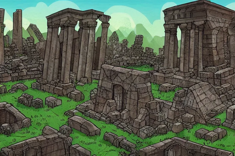 Image similar to an adventure diary sketch discovering the ruins of a giant city that once existed on earth