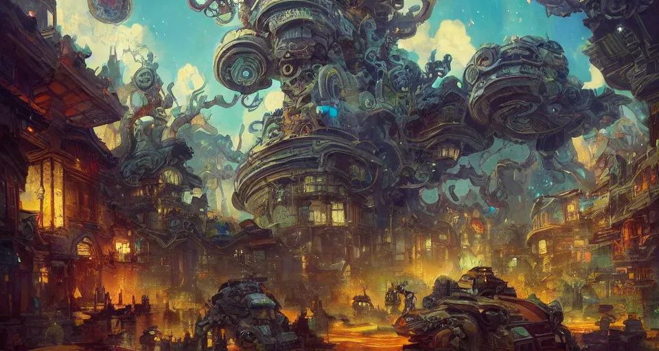 Prompt: multiversal otherworldly realm with flying mecha octopus with chic streets and shops and lush volcanic garden and intricate luxurious scifi homes, allegorical style, by peter mohrbacher, jeremy mann, francoise nielly, van gogh, ross tran, beautiful, award winning scenery