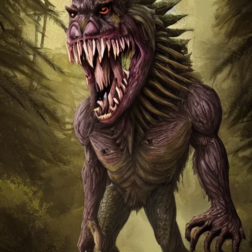 Image similar to werecreature consisting of a human and crocodile in a forest, trending on artstation