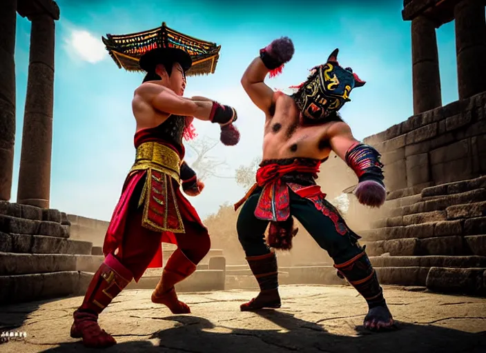 Prompt: hamster dressed as shao khan fights a cat dressed as kung lao in mortal kombat on the background of an ancient temple. fantasy magic style. highly detailed 8 k. intricate. lifelike. soft light. sony a 7 r iv 5 5 mm. cinematic post - processing