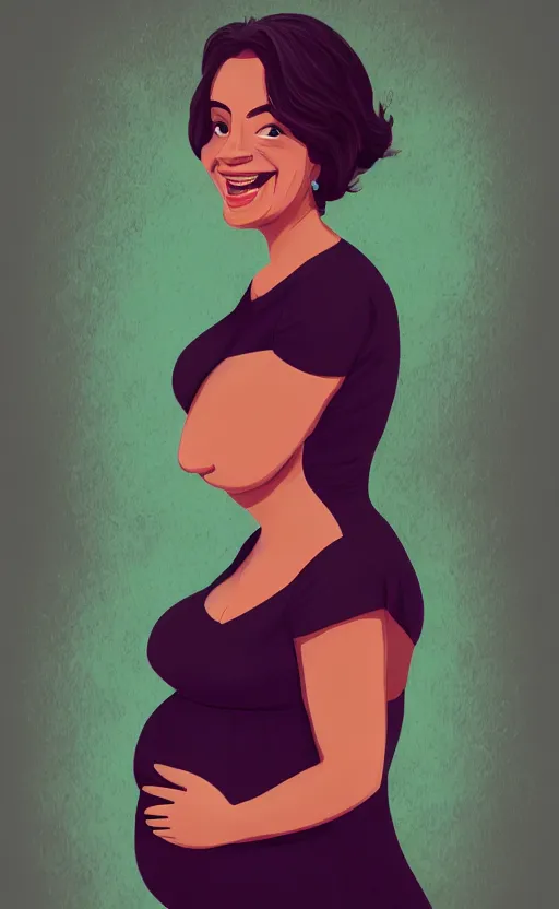 Image similar to a front view portrait of a smiling hispanic pregnant lady illustration, trending on artstation