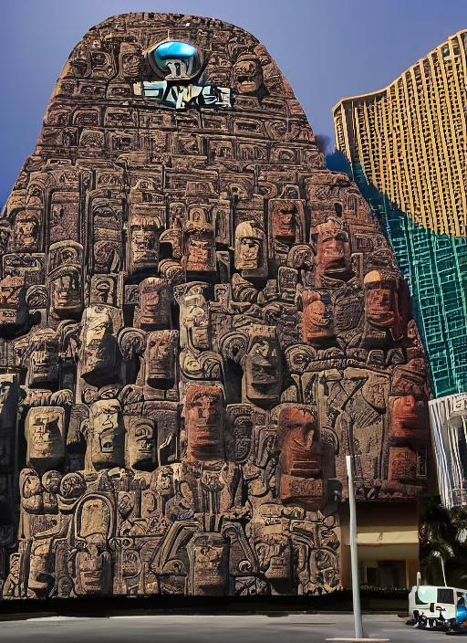 Prompt: legions of moai levitating over las vegas casinos in the style of alex grey