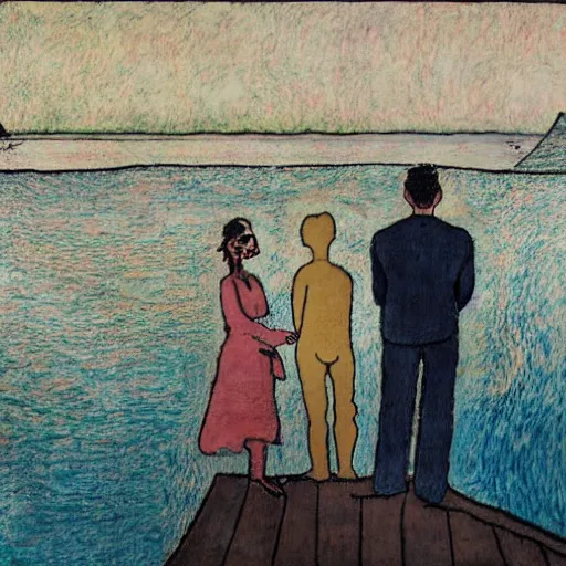 Prompt: A beautiful installation art of a man and a woman are standing on a dock, looking out at a body of water. The woman has her hand on the man's shoulder, and they appear to be deep in conversation. The colors in the installation art are muted, and the scene has a calming feeling. by Jean Dubuffet, by M.W. Kaluta realist, balmy