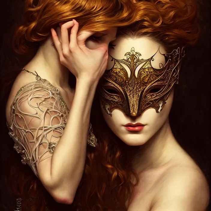 Image similar to Mask under Mask under mask, dramatic lighting, fantasy, intricate, elegant, highly detailed, lifelike, photorealistic, digital painting, artstation, illustration, concept art, smooth, sharp focus, art by John Collier and Albert Aublet and Krenz Cushart and Artem Demura and Alphonse Mucha