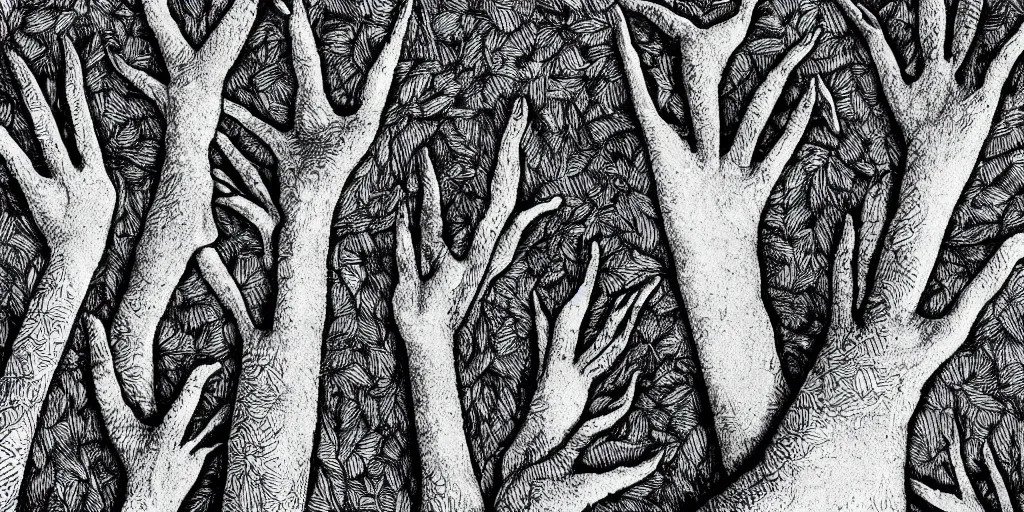 Prompt: hands stretched to form trees, grayscale, stippling