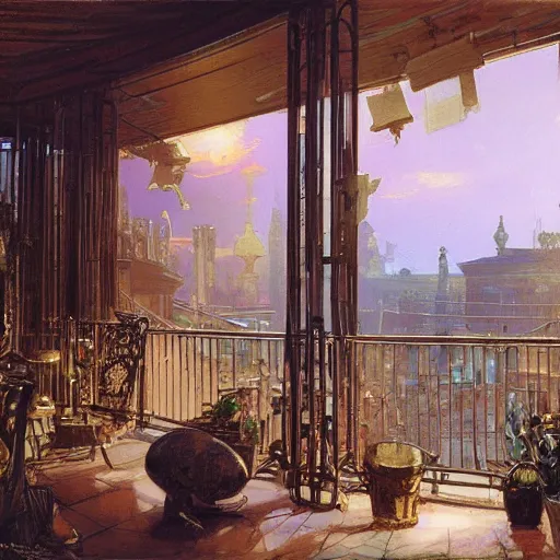Image similar to painting of syd mead artlilery scifi balcony with ornate metal work lands on a farm, fossil ornaments, volumetric lights, purple sun, andreas achenbach