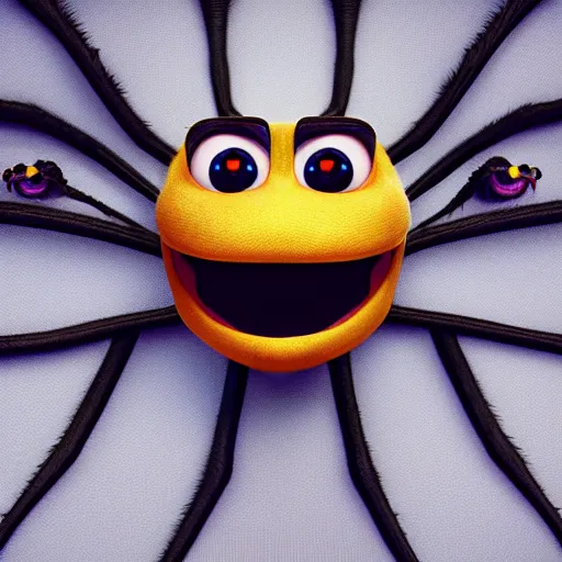 Image similar to super cute but angry spider, portrait, face symmetry, centered, anime style, disney character style, octane render, symetrical portrait, 3 d, pixar, disney, epic lighting, cinematic composition, hyperrealistic, 8 k