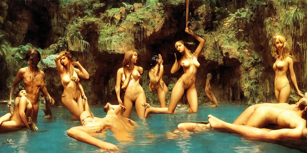 Prompt: a tropical cave that renovate as a luxury interior as a harem of beautiful women bathe in the waters and surround our protagonist by syd mead, frank frazetta, ken kelly, simon bisley, richard corben, william - adolphe bouguereau, flat lighting