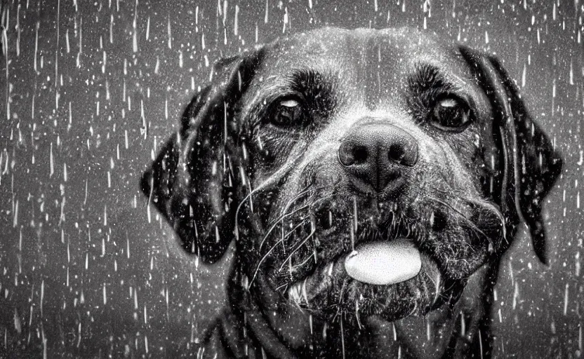 Image similar to a sad dog sitting in rain, detailed face, 8 k