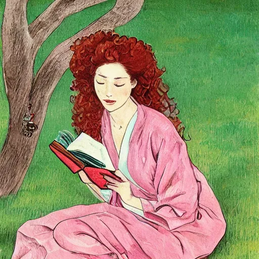 Image similar to beautiful ittle girl with long curly red hair dressed in a pink kimono and sitting next to a tree while reading a book, artwork made in western comic art style, inspired in balthus, anatomically correct, higher details