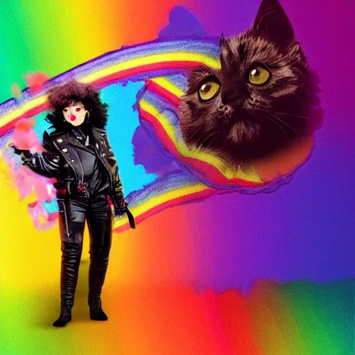 Image similar to wide angle full body, jacket wearing fluffy cute rainbow kitten wearing a black leather motorcycle jacket, cinematic concept art