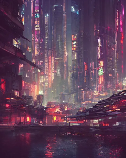 Image similar to cyberpunk city on a floating island at night by wlop, key visual, high detail, digital art