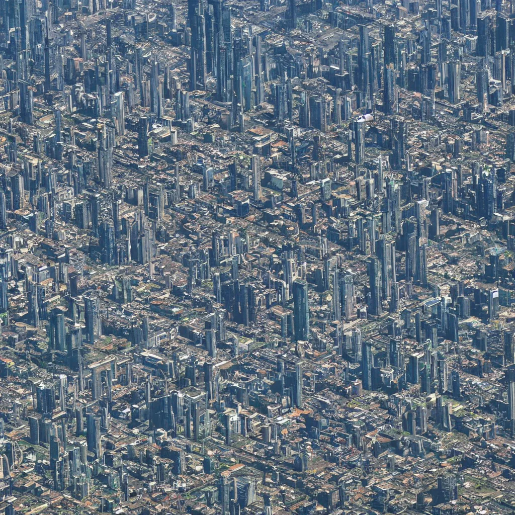 Image similar to satellite view imagery of advanced future civilisation. Futurepunk Cyberpunk. Extreme zoom, houses visible.