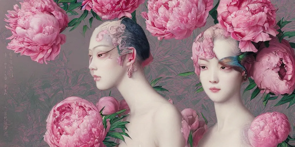 Prompt: breathtaking detailed concept art painting blend of pink short hair goddesses of peonies by hsiao - ron cheng with anxious piercing eyes, vintage illustration pattern with bizarre compositions blend of flowers and fruits and birds by beto val and john james audubon, exquisite detail, extremely moody lighting, 8 k