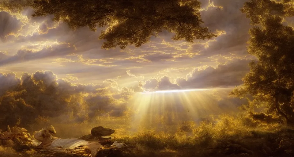 Image similar to heaven with angels floating on clouds god rays, by eugene von guerard, ivan shishkin, trending on artstation, 8 k