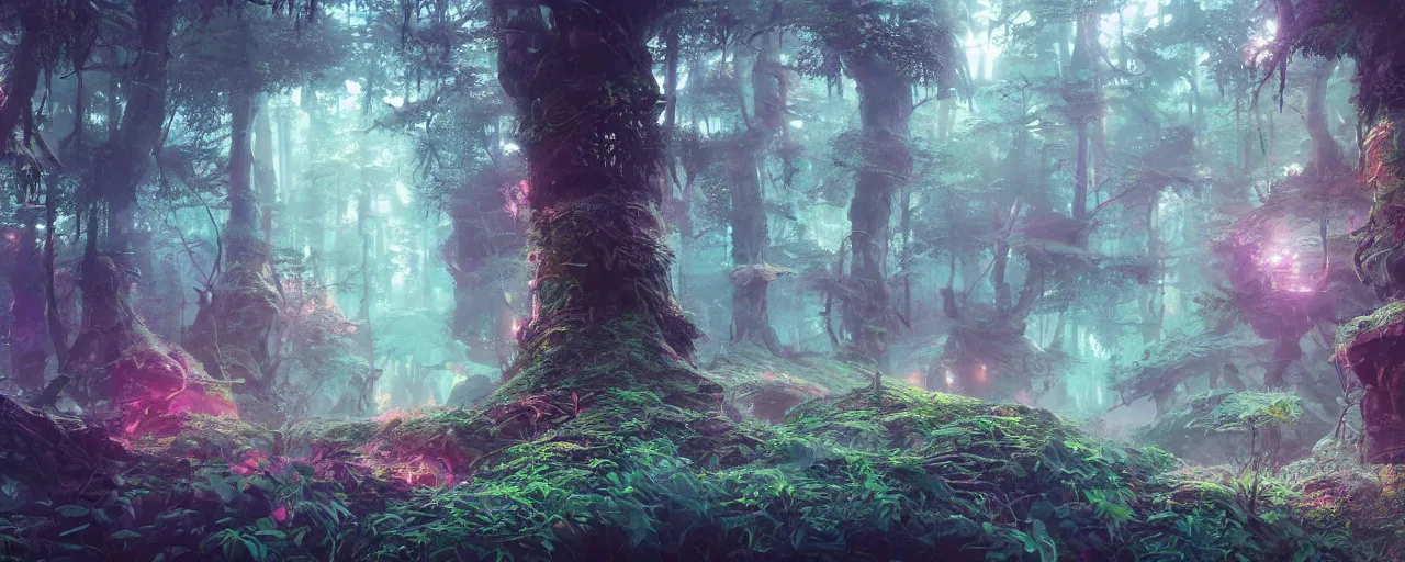 Prompt: detailed concept art illustration colorful pastel painting of a lowpoly sci-fi fantasy forest in full intricate detail, ultra detailed, digital art, octane render, 4K, dystopian, micro details