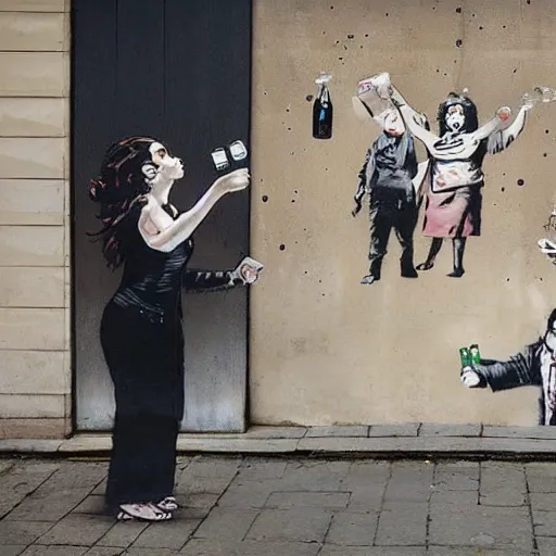 Prompt: multiple beautiful women looking at banksy of 2 apes holding champaign bottles, money falling from the sky