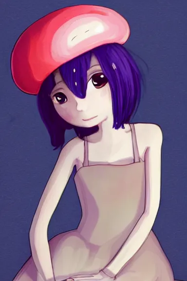 Image similar to a little girl wearing a mushroom hat in dress sitting | | purple curvy hair, pretty face, fine details, digial art by lois van baarle, anatomically correct, perfect composition, symmetrical, fantastic, clean details, anime character, extremely detailed