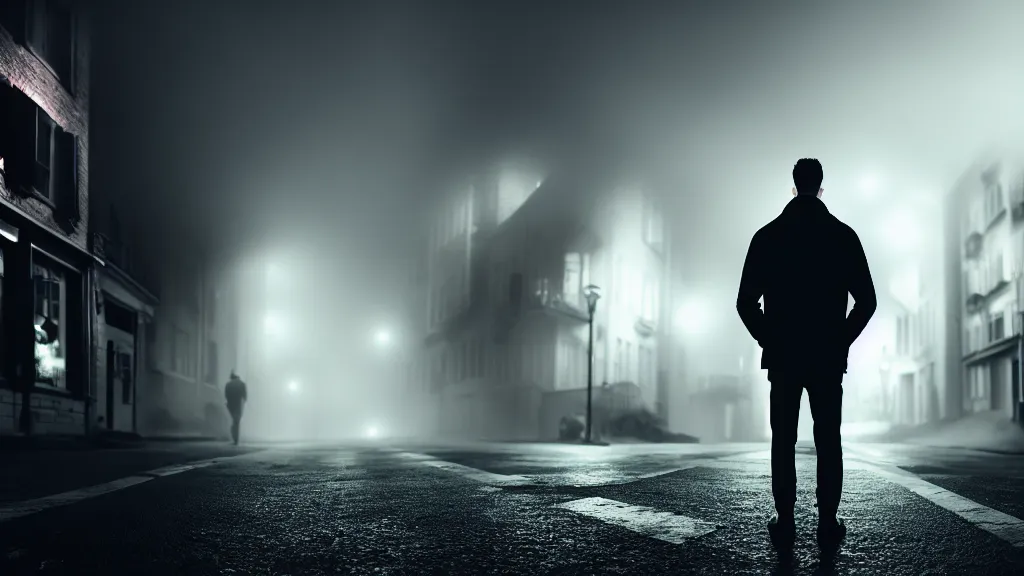 Image similar to a close portrait of a man with a street in the background, fog, volumetric lighting, mystique, atmospheric, sharp focus, ultra detailed, noir art house, 4 k, cinematic, 3 5 mm