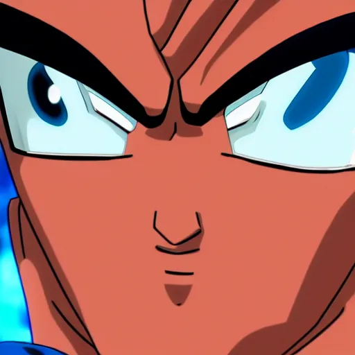 Image similar to fish eye lens close up photograph of a goku eyeing the camera with a sympathetic look