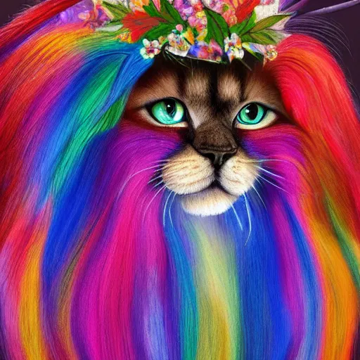 Image similar to long haired persian cat with long colorful fur made of leaves and flower crown detailed painting 4 k