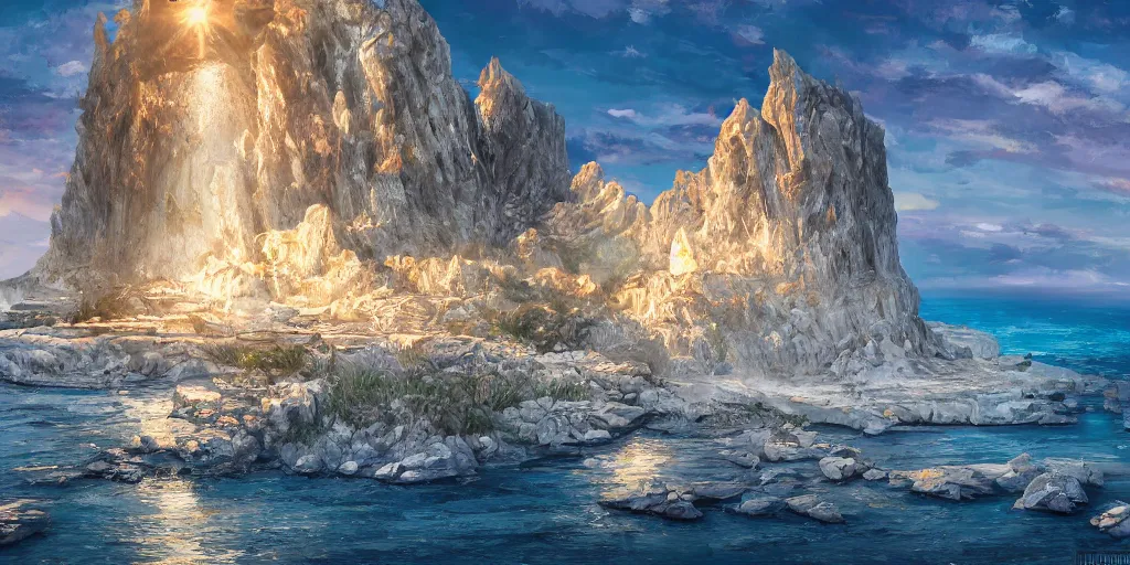 Image similar to salt covered islands surrounded by sheer gleaming detailed quartz cliffs, illustration, bright sunlight, sun glints, sunrays, digital art, oil painting, fantasy, 8 k, trending on artstation, detailed