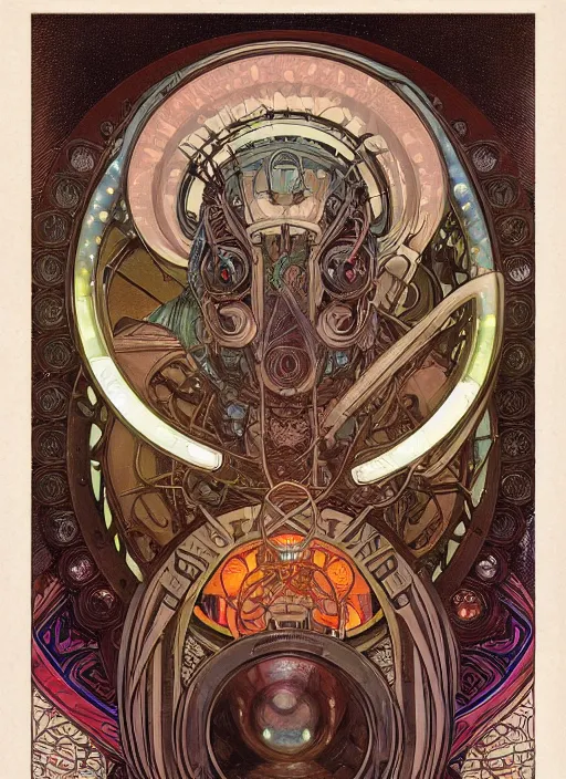 Image similar to retro robot glowing reptile eyes, alphonse mucha, shamanic poster lsd art, intricate, elegant, highly detailed, centered, digital painting, artstation, concept art, smooth, sharp focus, illustration, artgerm, tomasz alen kopera, peter mohrbacher, donato giancola, joseph christian leyendecker, wlop, frank frazetta