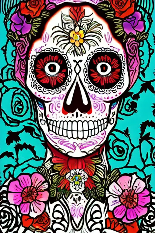 Image similar to illustration of a sugar skull day of the dead girl, art by kazuhiko nakamura