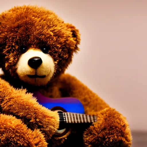 Prompt: a photograph of a teddybear, he is holding a guitar, vivid color, 50mm, depth of field