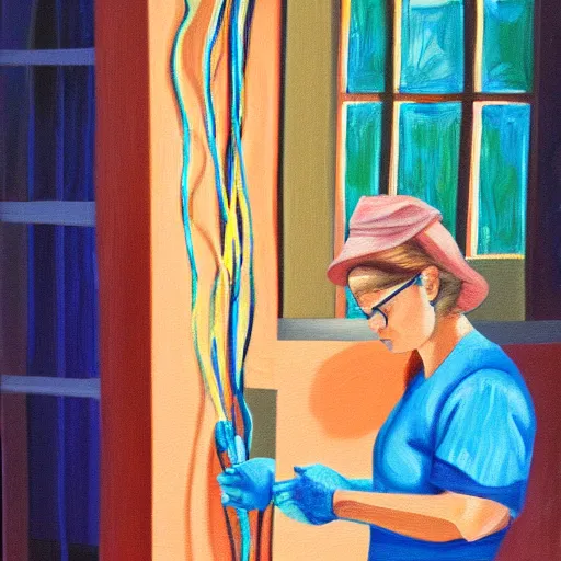 Image similar to woman building electrical wiring, soft lighting, acrylic on canvas