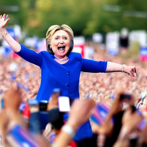 Image similar to hillary clinton running marathon screaming shouting hands in the air