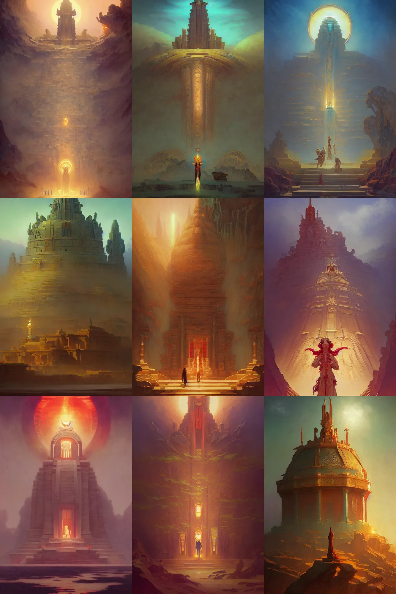 Prompt: temple of the sun, art deco architecture, fantasy, art by joseph leyendecker, peter mohrbacher, ivan aivazovsky, ruan jia, reza afshar, marc simonetti, alphonse mucha