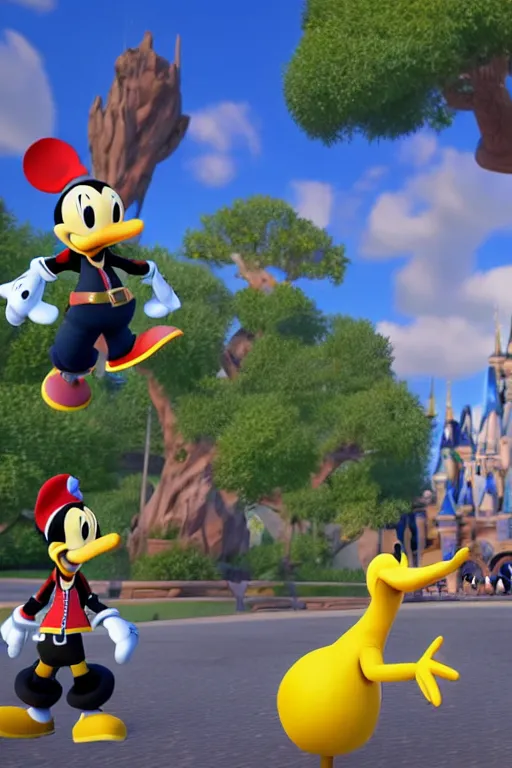 Prompt: screenshot of kingdom hearts 3, Disney and final fantasy crossover, donald duck and goofy npc characters, Kingdom hearts styled gameplay, unreal engine 4, kingdom hearts 3, kingdom hearts, cartoony lighting, disneyworld at kingdom hearts, Disney inspired setting with Sora and Donald in the scene, image of an action adventure rpg, magical fantasy l, artstationHD, stunning pixar graphics, rtx on, sharp focus