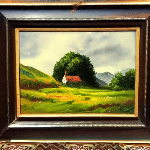 Prompt: landscape painting of bag - end, tolkein, painting by bob ross