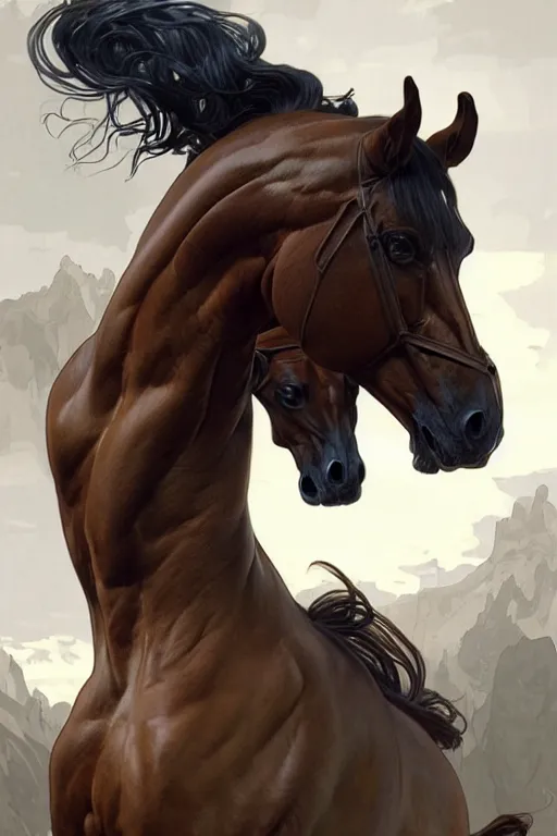 Image similar to an enormously muscular horse at a research facility doffed in leather, highly detailed, digital painting, artstation, concept art, sharp smooth focus, illustration, art by artgerm and greg rutkowski and alphonse mucha